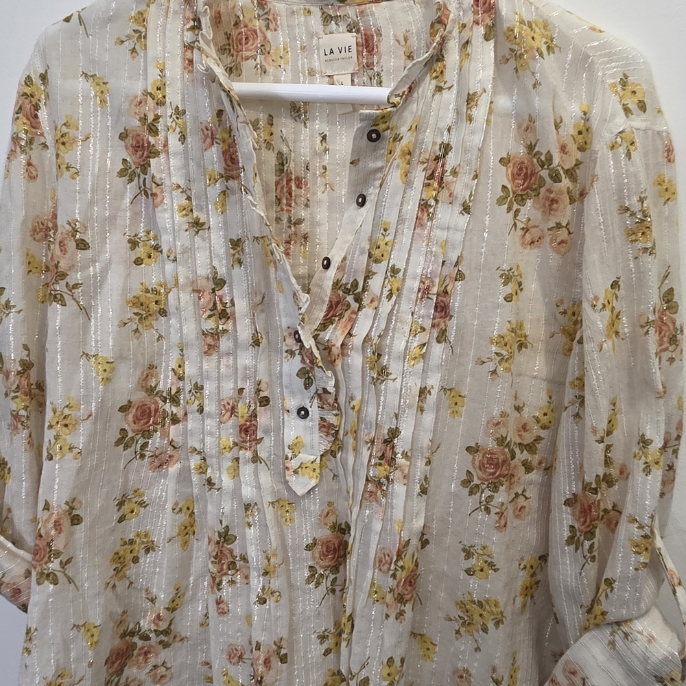 La Vie Floral Pintuck Sheer Blouse - White with Pink & Yellow Roses